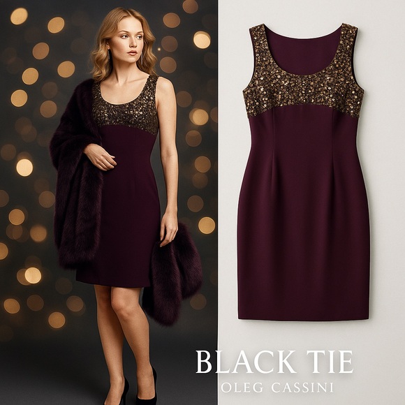 Y2K Black Tie,Oleg Cassini,Lux Plum Beaded Sequin Cocktail Evening Dress,Size 10 - Picture 6 of 10